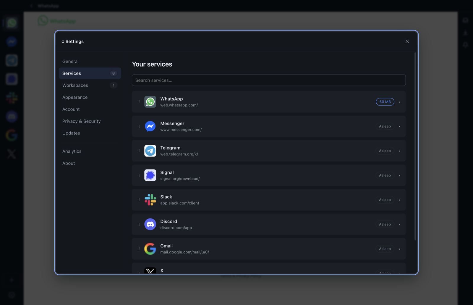 Policonvo listing WhatsApp, Messenger, Telegram, Signal, Slack, Discord, Gmail and X, each with its memory use and sleep state.